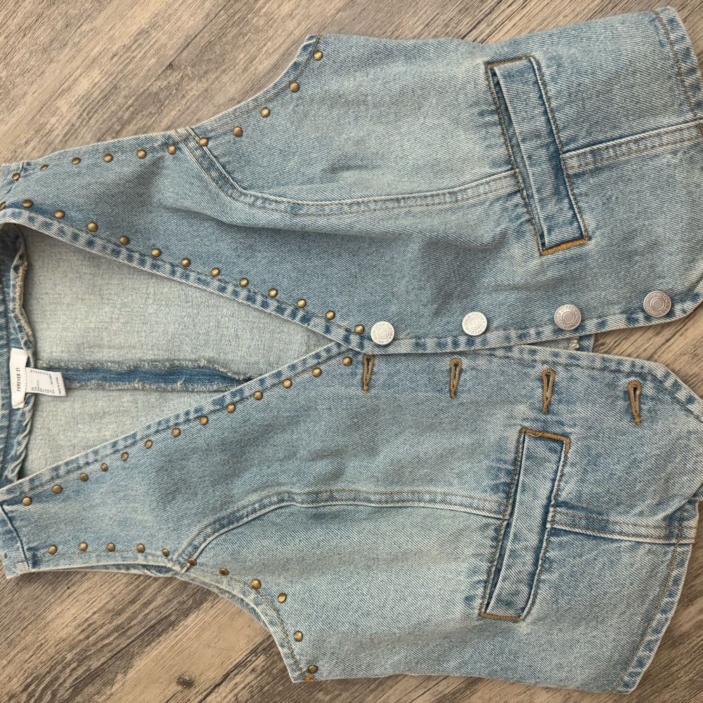 Forever 21 Light Blue Studded Denim Vest